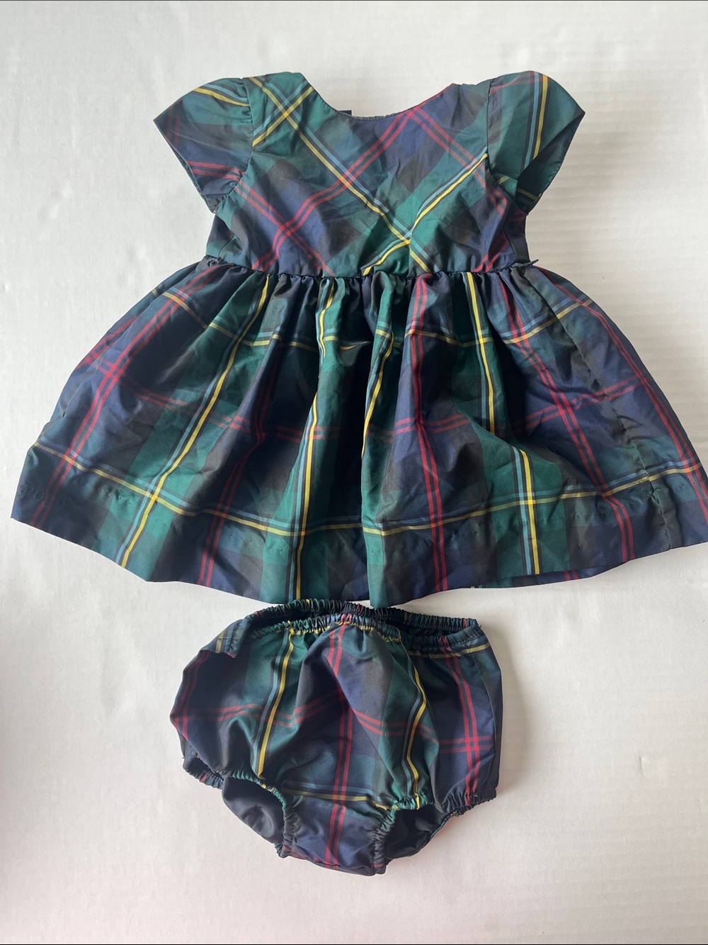 Polo by Ralph Lauren Navy Green Plaid Baby Dress with Bloomers